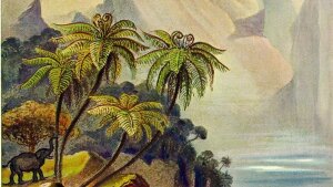 Tropische Landschaft vor Gebirge. Aquarell-Ölgemälde nach Ernst Haeckel